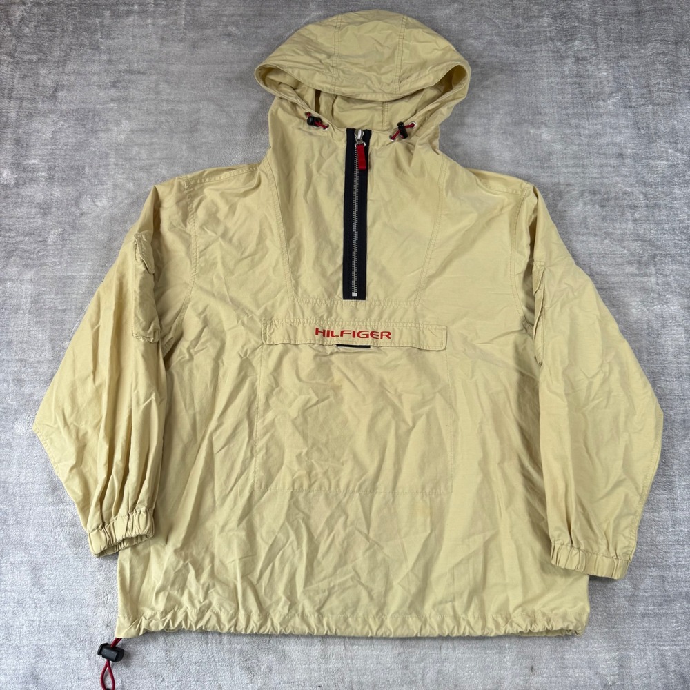 Vintage Tommy Hilfiger Jacket Mens Medium Tan Anorak Half Zip Hooded Windbreaker